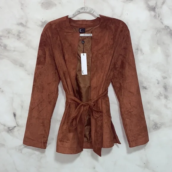 Love Token Faux Suede Leather Open Front Belted Jacket - Picture 3 of 12
